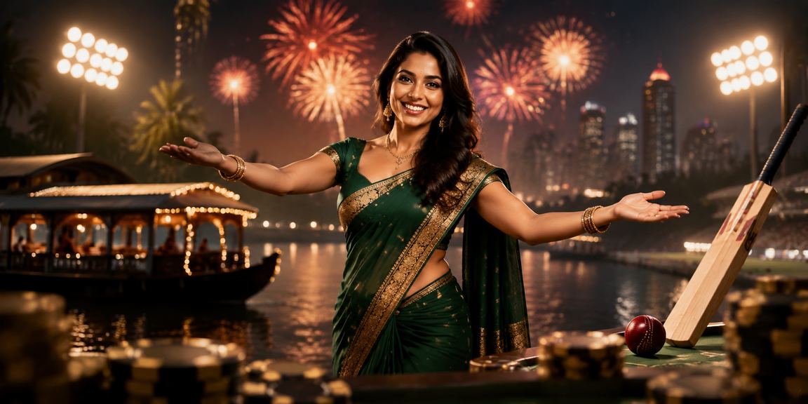 Live blackjack dealer welcoming players in a cozy India-themed casino